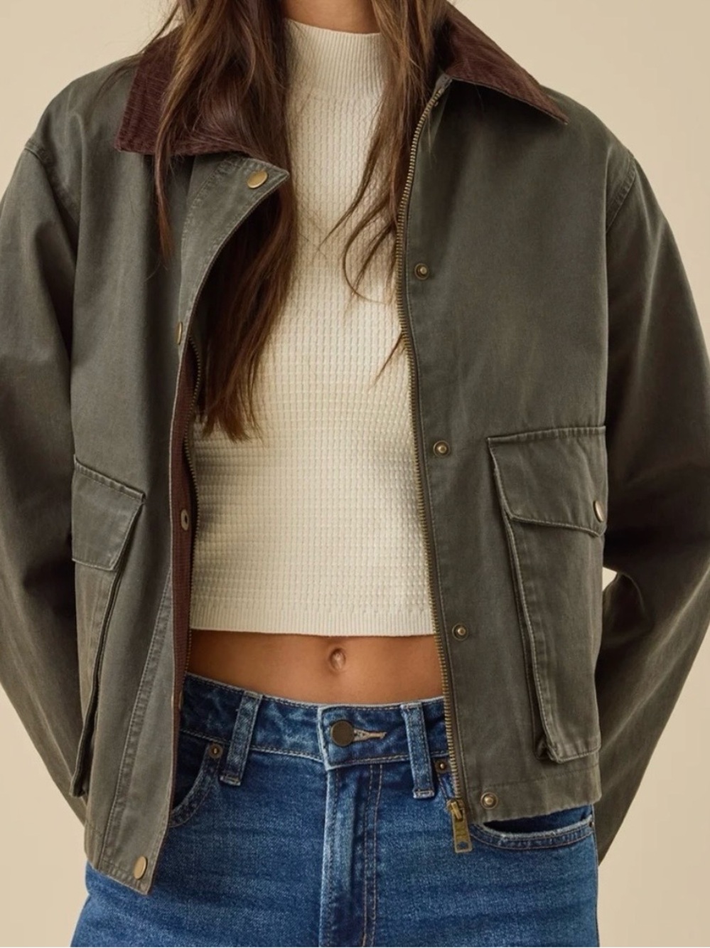 Altar’d State Women's Dark Olive Waxed Barn Jacket With Corduroy Collar Size L